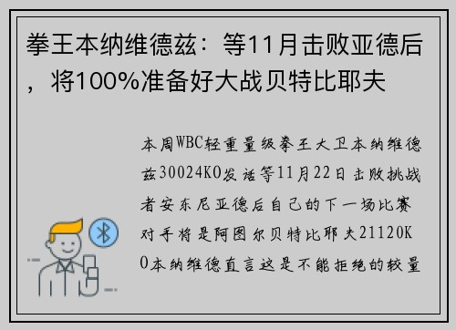 拳王本纳维德兹：等11月击败亚德后，将100%准备好大战贝特比耶夫